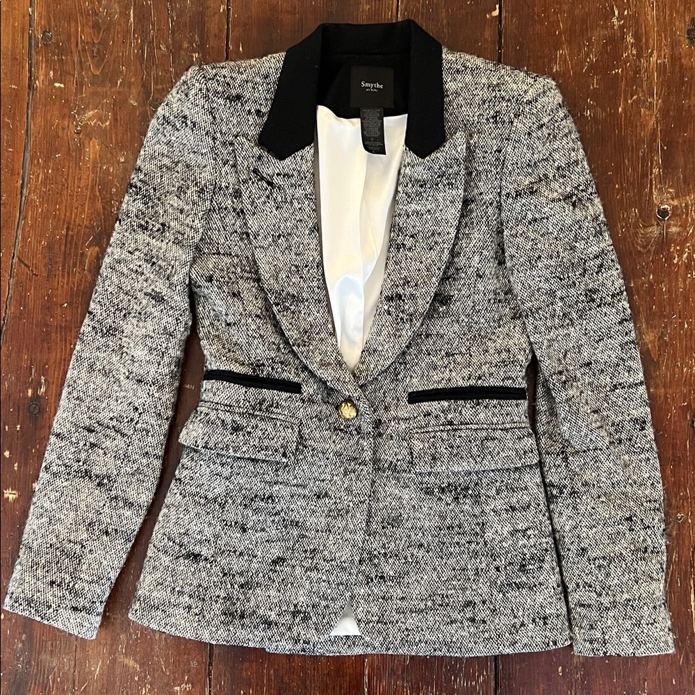 Smythe Contrast Collar Tweed Fitted Wool Blazer Grey and Black Sz 4 - Picture 3 of 11